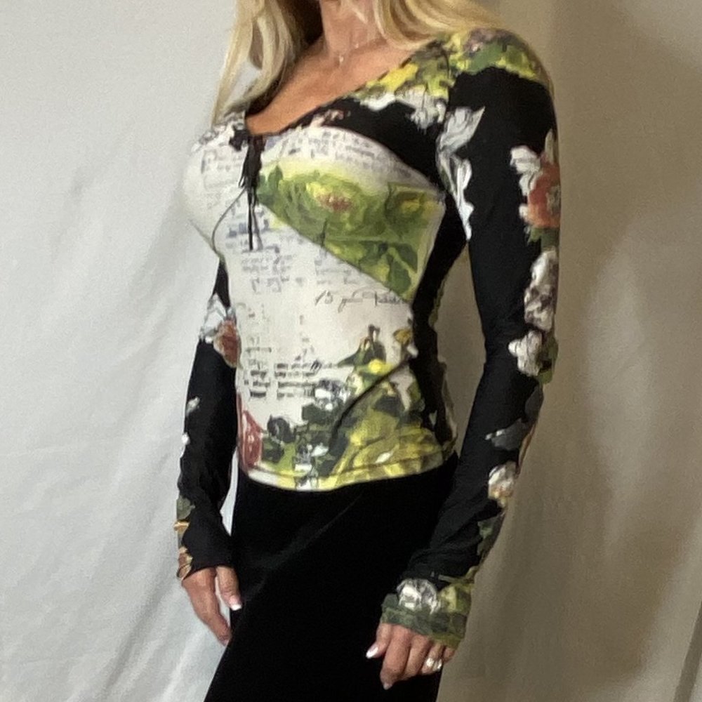 Roberto Cavalli top, Size M,  Multi-color floral and script pattern.